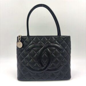 Chanel CC Logo Reprint Caviar Leather Black Tote Gold